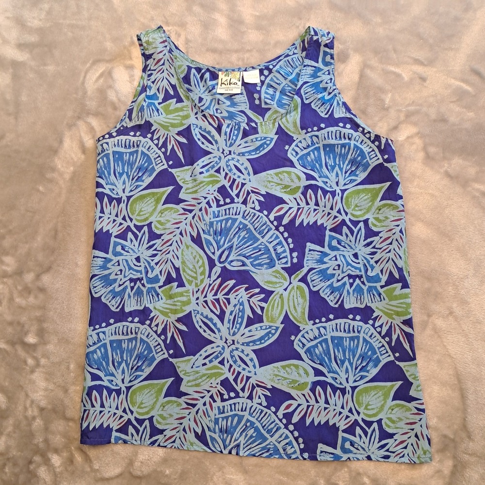 Kiko Floral Silk Tank Top Hawaiian Tropical Womens OSFA One Size Vintage